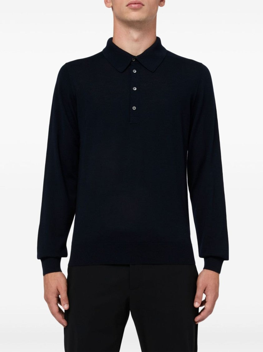 Piacenza Cashmere Polo-Collared Blue Cashmere Sweater With Ribbed Detailing