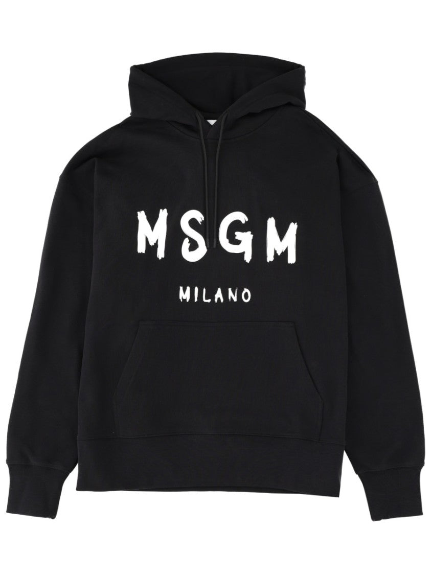 Msgm Black Logo Cotton Hoodie