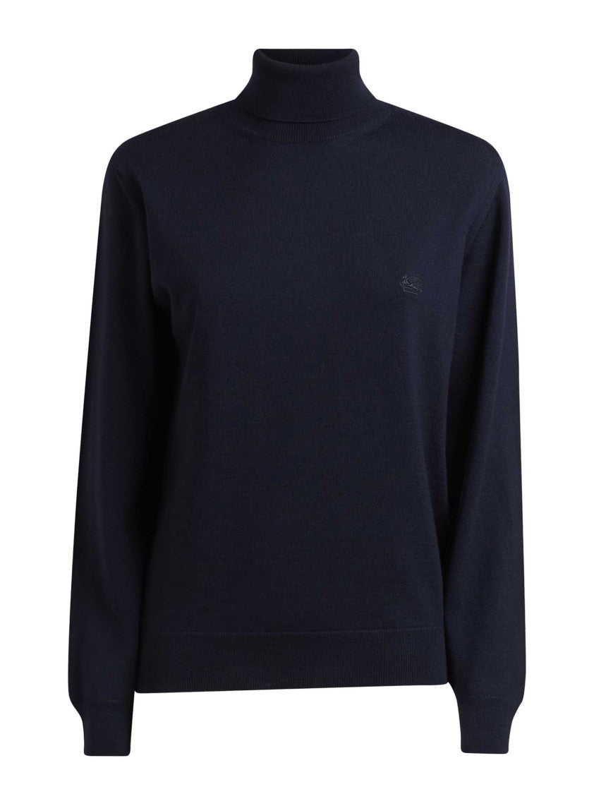 Etro Navy Blue Turtleneck Sweater With Ribbed Trims