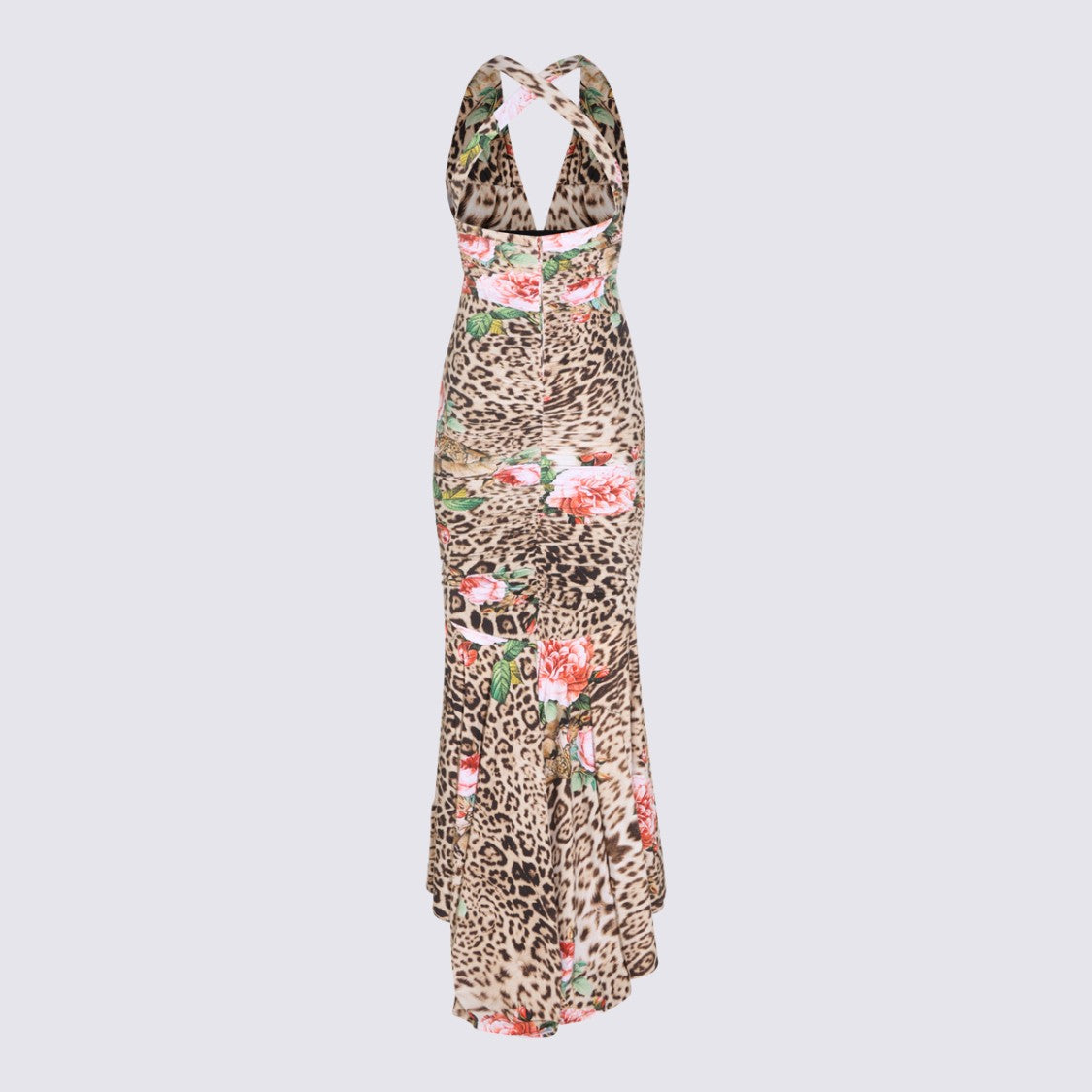 Roberto Cavalli Leopard Print Maxi Dress With Floral Accents And Ruched Detailing