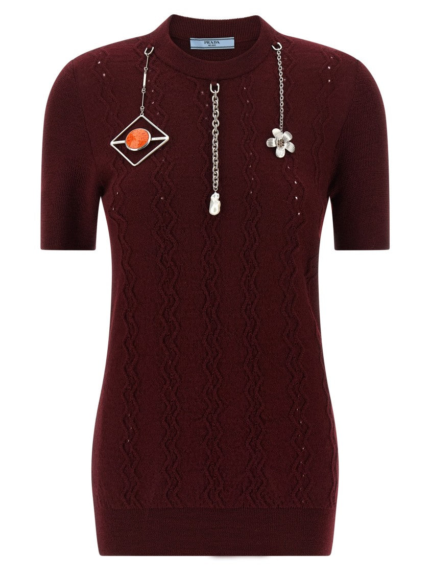 Prada Burgundy Virgin Wool Sweater With Distressed Front And Metal Charms