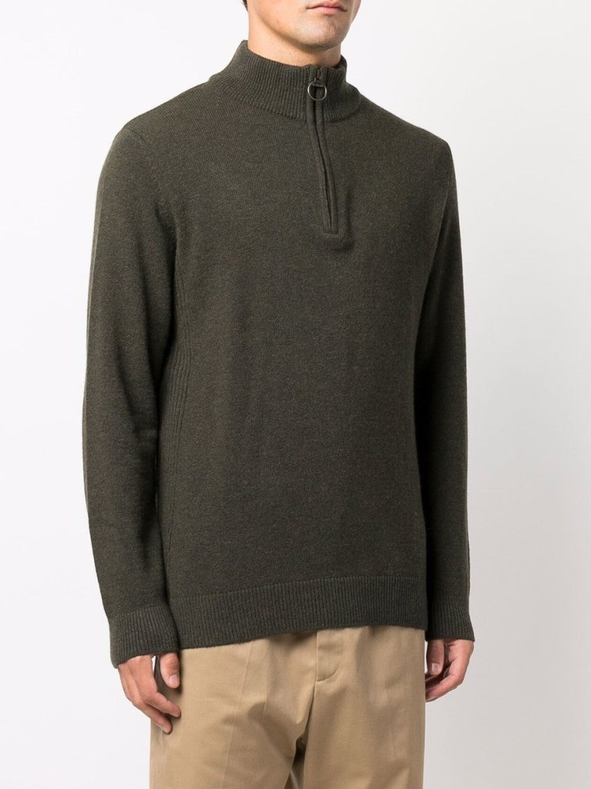Barbour Khaki-Green Wool Half-Zip Sweater With Ribbed Edges And Elbow Patches