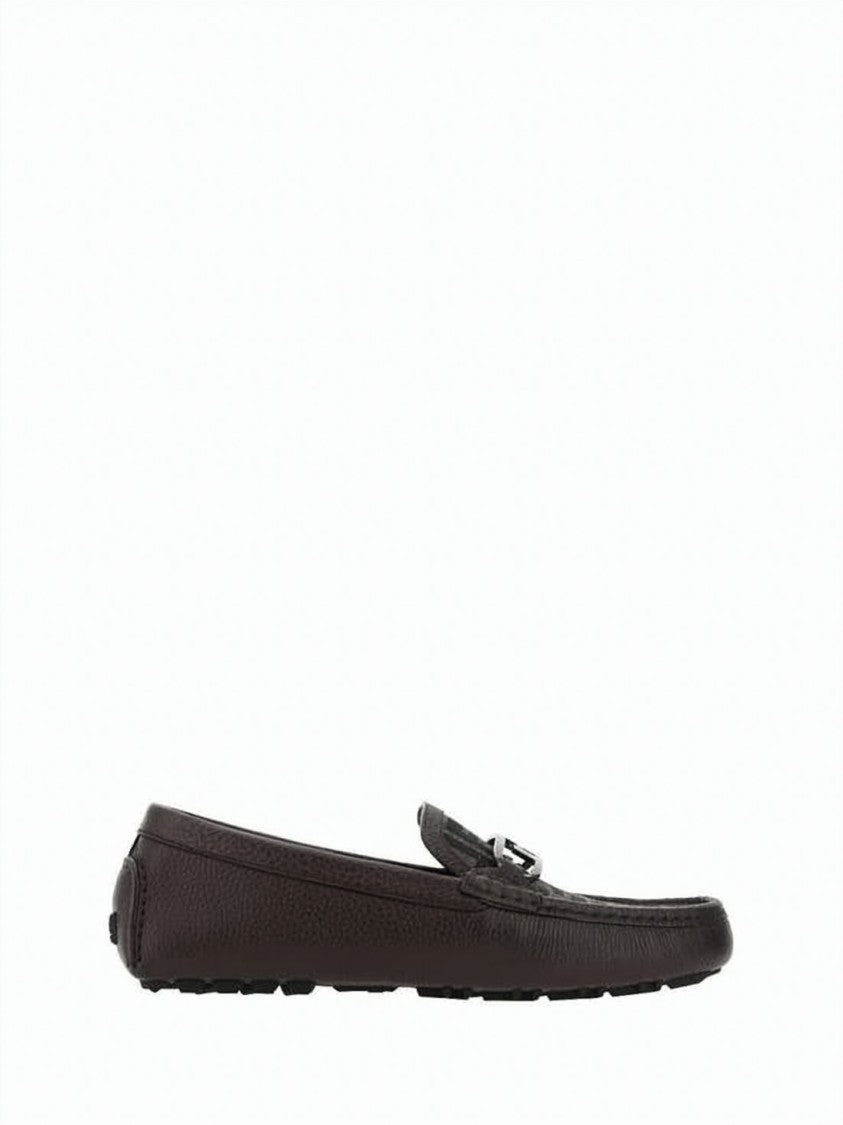 Fendi Textured Leather Loafers With Metallic Buckle Detail