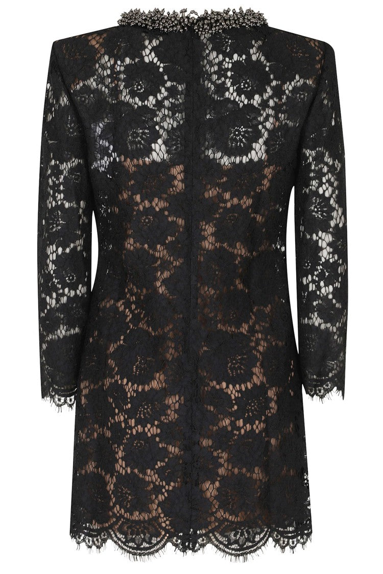 Self-Portrait Black Intricate Lace Beaded Neckline Mini Dress