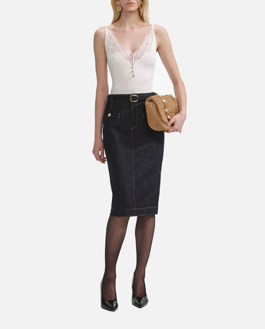 Self-Portrait White Lace Trim Rib Knit Top