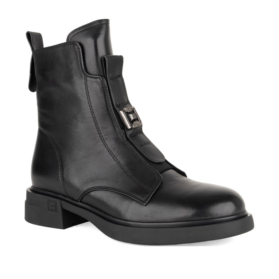 Linda Baumann Black Metallic Buckle Detail Flat Leather Boots