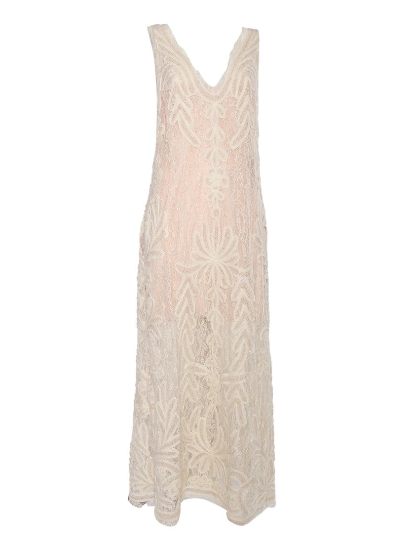 P.A.R.O.S.H. Intricate Floral Lace Maxi Dress With Deep V-Neckline