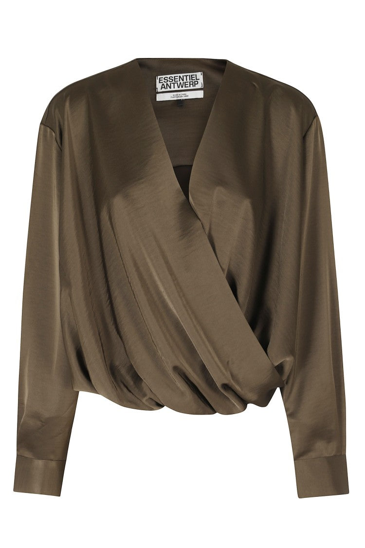 Essentiel Antwerp Dusty Green Draped Recycled Polyester Wrap Top