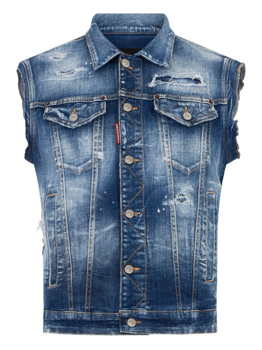 Dsquared2 Blue Raw Cut Distressed Denim Jacket