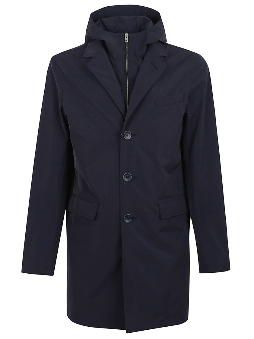 Herno Hooded Blue Cotton Coat With Button Closure