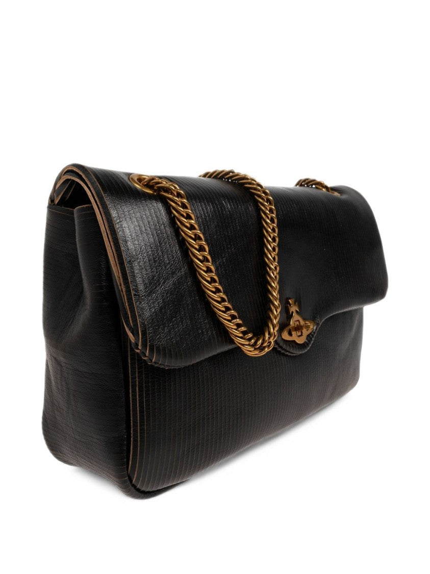 Vivienne Westwood Textured Black Handbag With Gold-Tone Emblem And Chain Strap