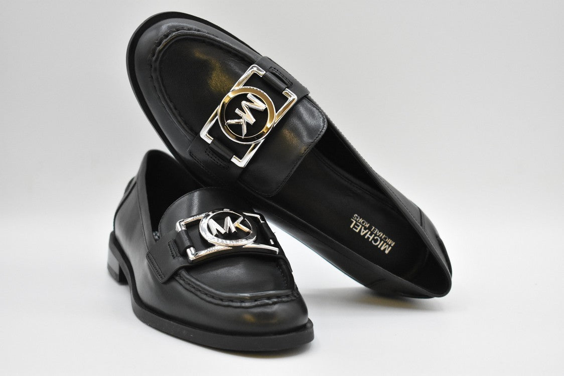 Michael Kors Lace-Up Black Leather Flats With Silver Hardware