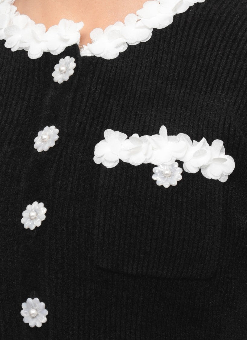 Self-Portrait Ribbed Chenille Midi Dress With Floral Accents And Jewel Buttons