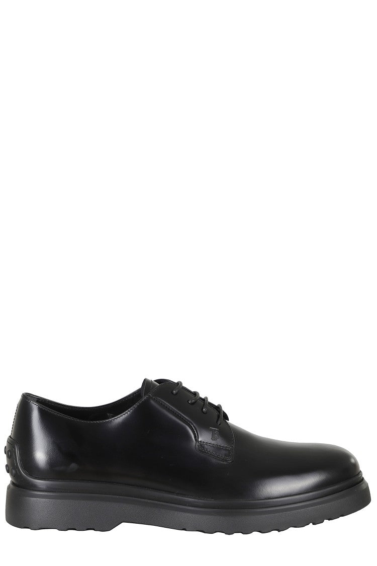 Tod's Black Embossed Logo Laces Rubber Sole Leather Loafers
