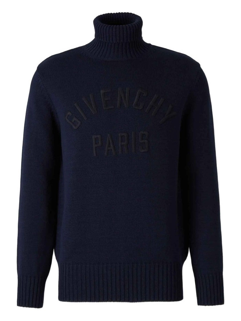 Givenchy Navy Ribbed Knit Raised Lettering Turtleneck