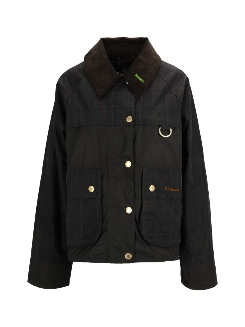 Barbour Tartan Spey Wax Jacket With Corduroy Collar And Flap Pockets