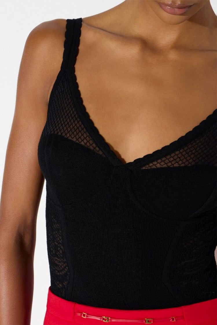 Elisabetta Franchi Black Underwire Sheer Lace Panels Viscose-Blend Bodysuit
