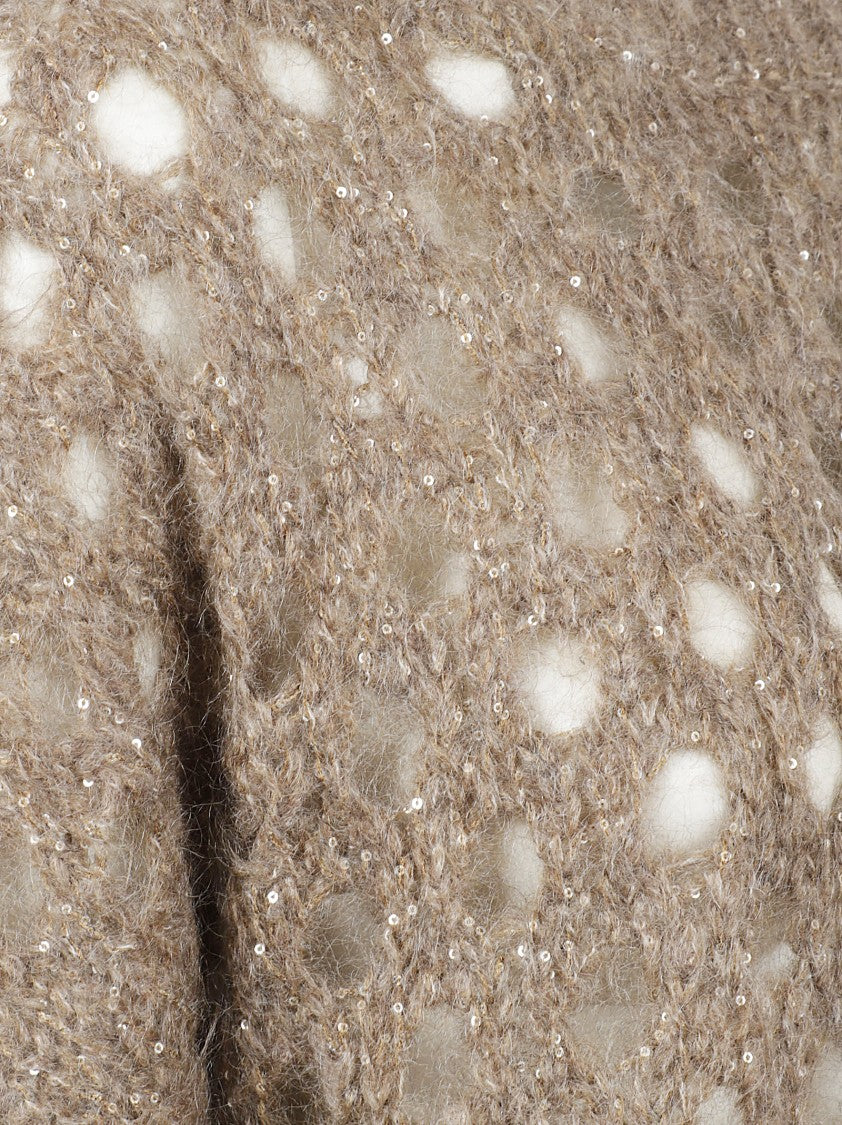 Brunello Cucinelli Openwork Beige Mohair Sweater With Round Collar