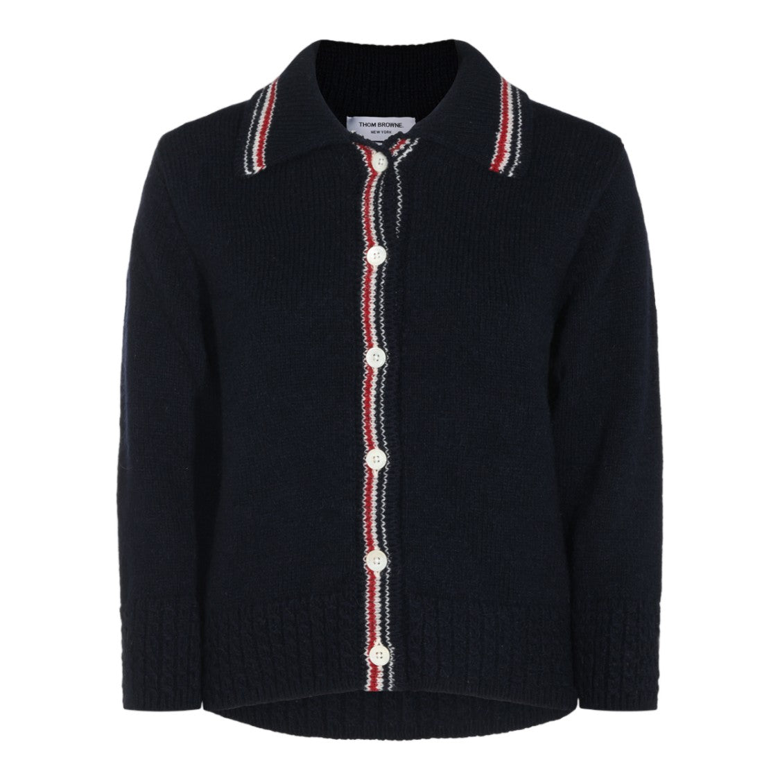 Thom Browne Button-Up Sweater With Unique Dog Pattern And Striped Cuffs