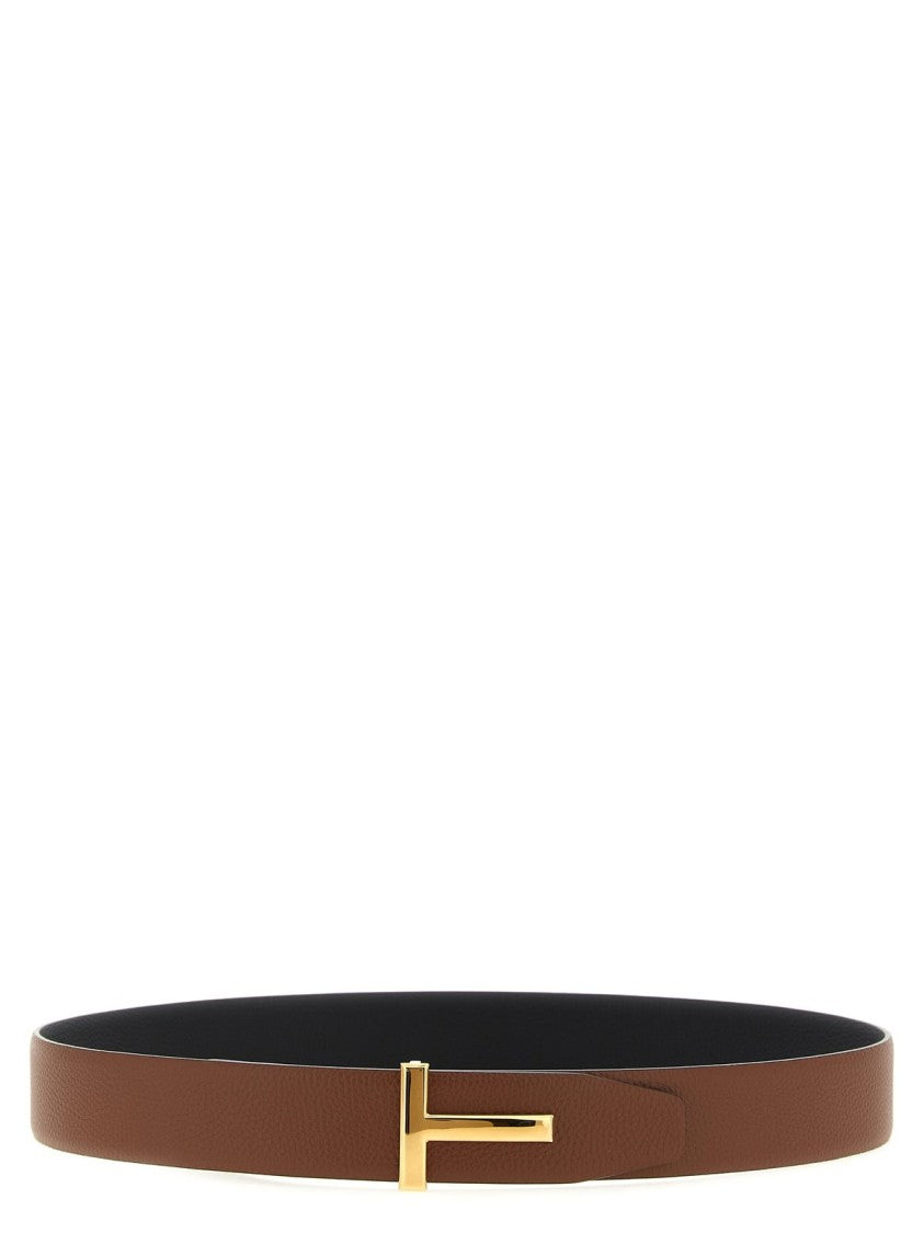 Tom Ford Textured Brown Calf Leather Belt With Metallic 'T' Buckle