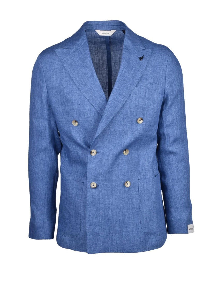 Paoloni Blue Double-Breasted Peak-Lapel Linen Blazer