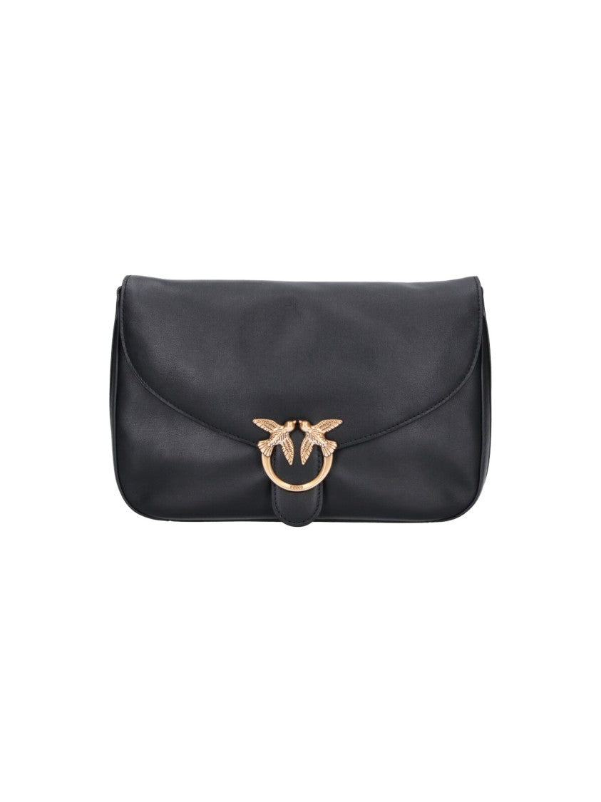 Pinko Black Leather Love Birds Flap Shoulder Bag