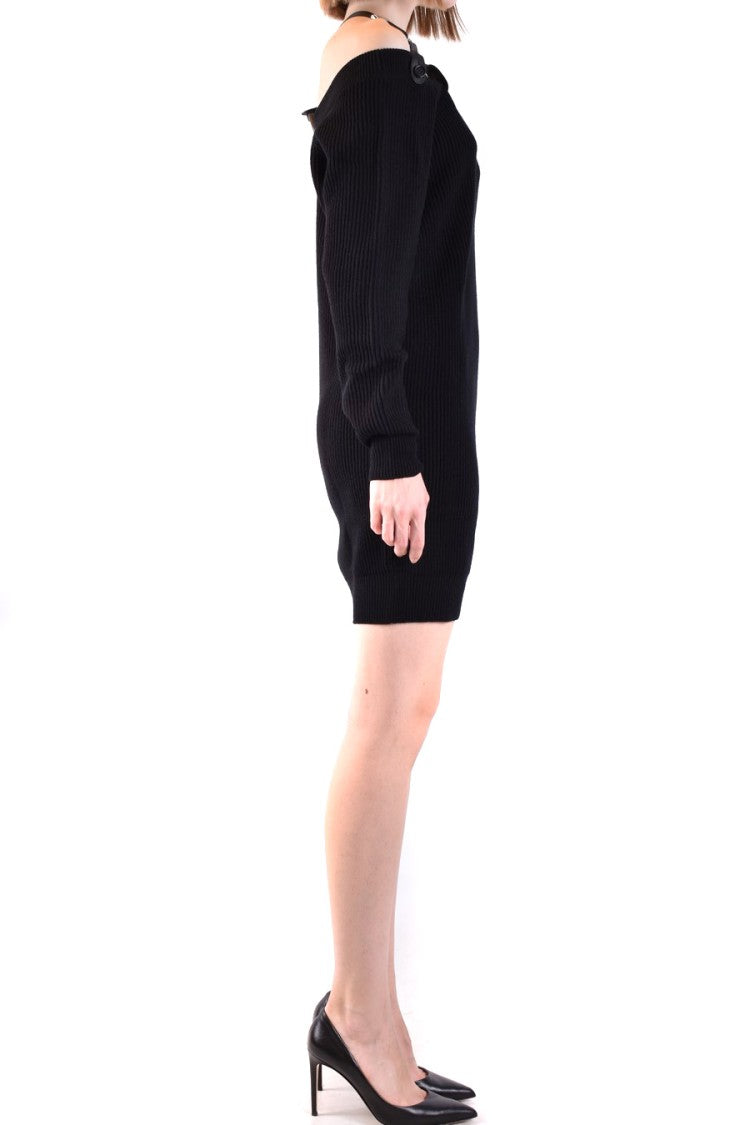 Moschino Fitted Black Wool Mini Dress Off-Shoulder