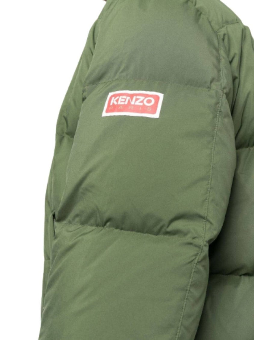 Kenzo Quilted Green Down Jacket With High Collar And Logo Detail