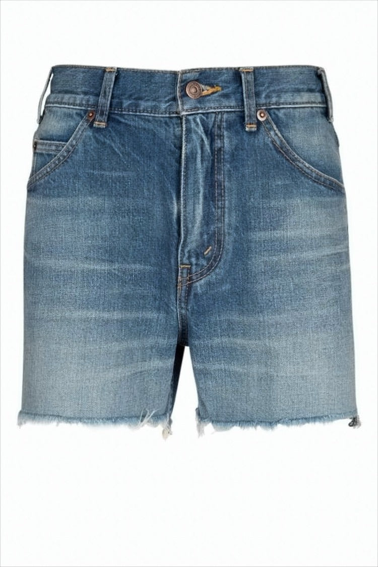 Celine Denim Shorts With Classic Five-Pocket Design And Distressed Hems