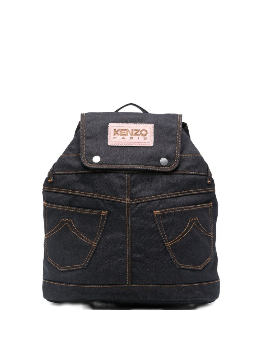 Kenzo Structured Black Backpack With Orange Stitching