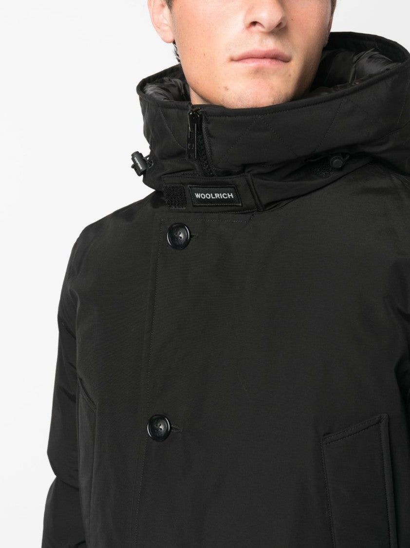 Woolrich Padded Jet Black Parka With Logo Print And Drawstring Hood