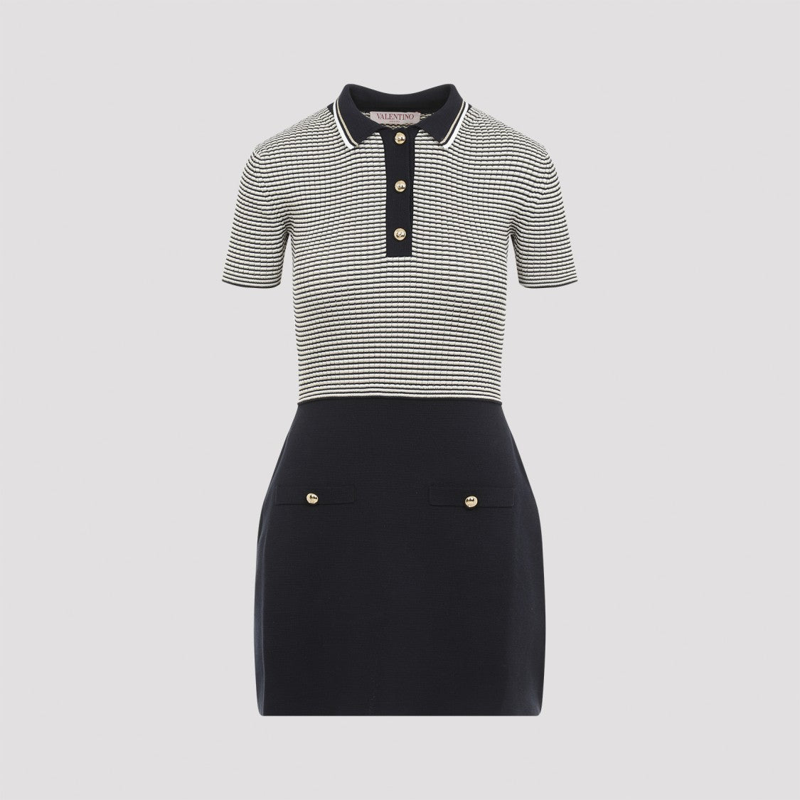 Valentino Knit Mini Ivory And Navy Blue Cotton Dress