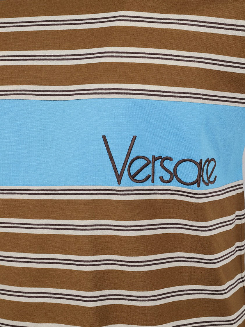Versace Brown Short-Sleeve T-Shirt With Logo Detail And Stripe Motif