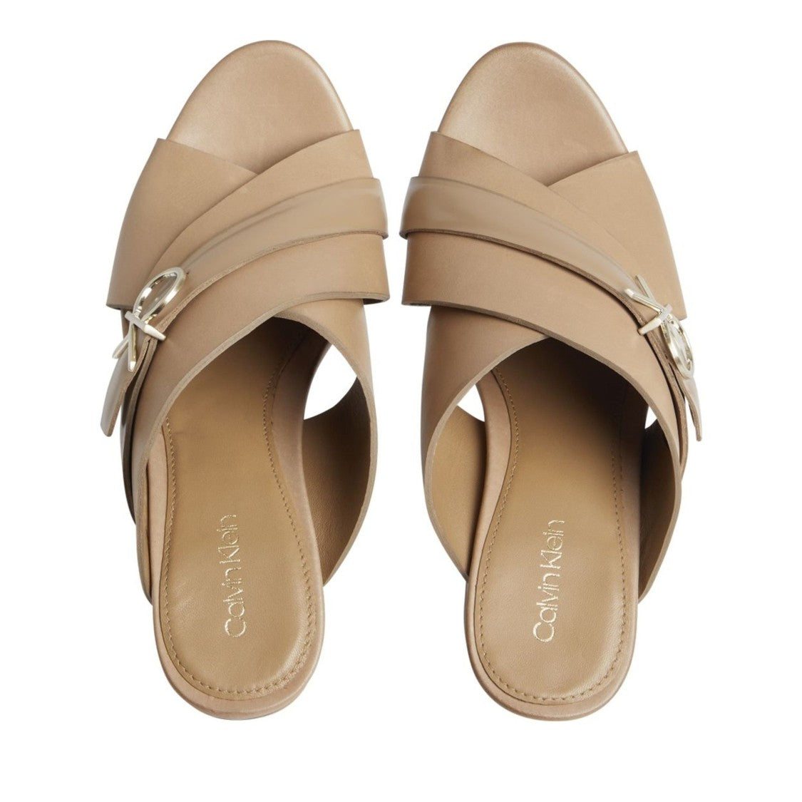 Calvin Klein X Slide Beige Block Heel Leather Sandals