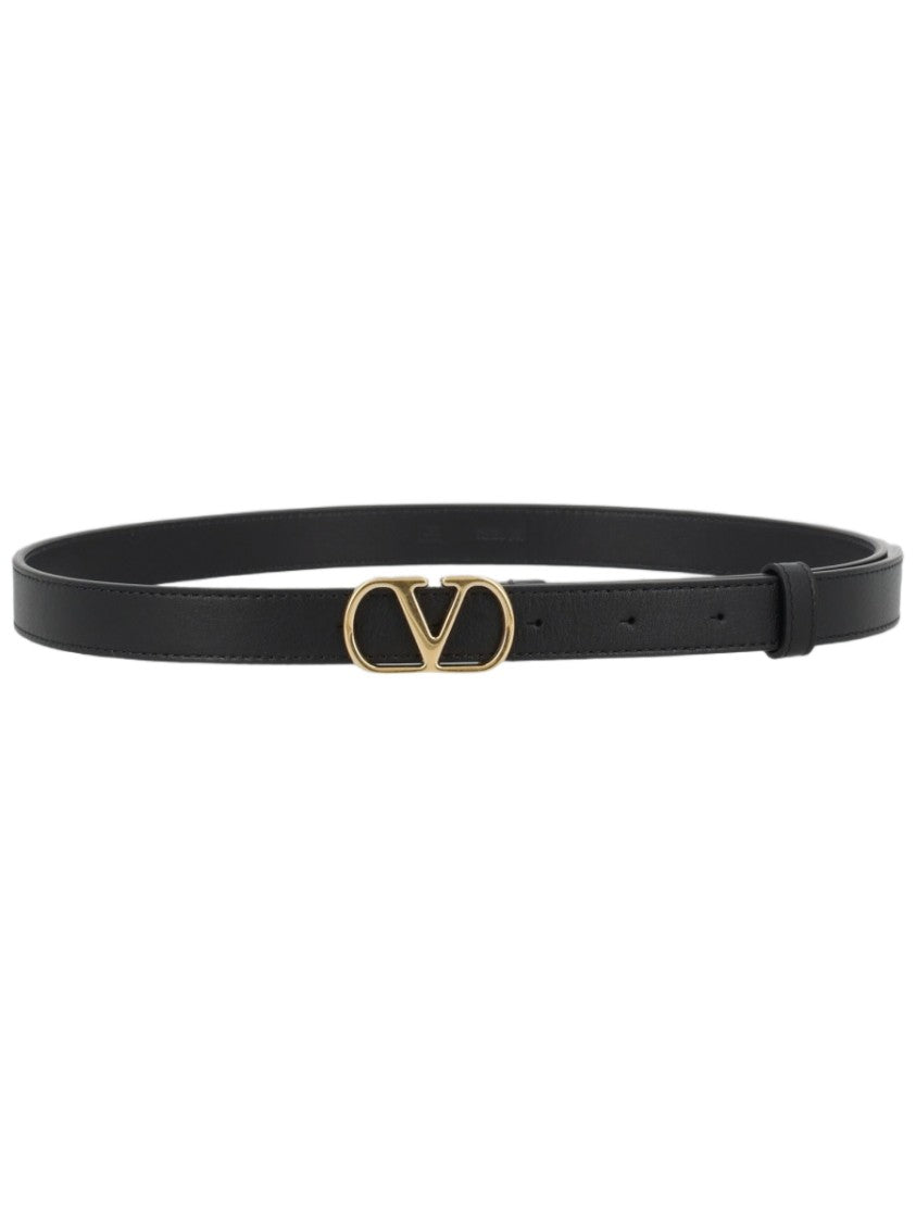 Valentino Garavani Narrow Black Calf Leather Belt With Gold-Tone 'V' Buckle