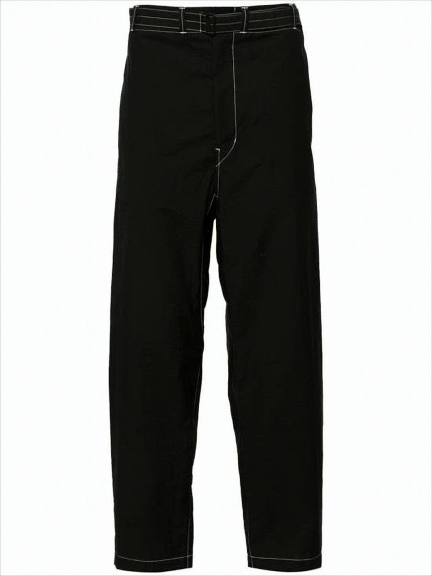 Lemaire Relaxed Fit Black Straight Pants With Belt Detail And Contrasting Stitching