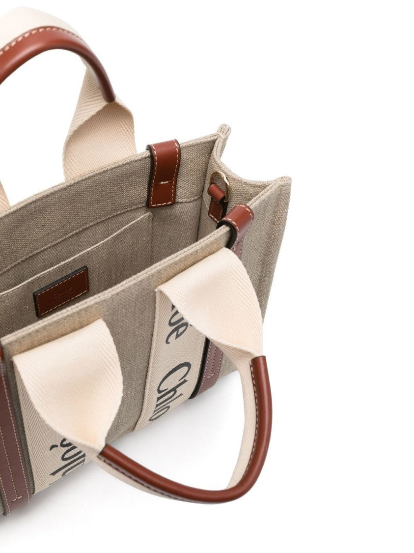 Chloé Beige Woody Small Linen Tote Bag