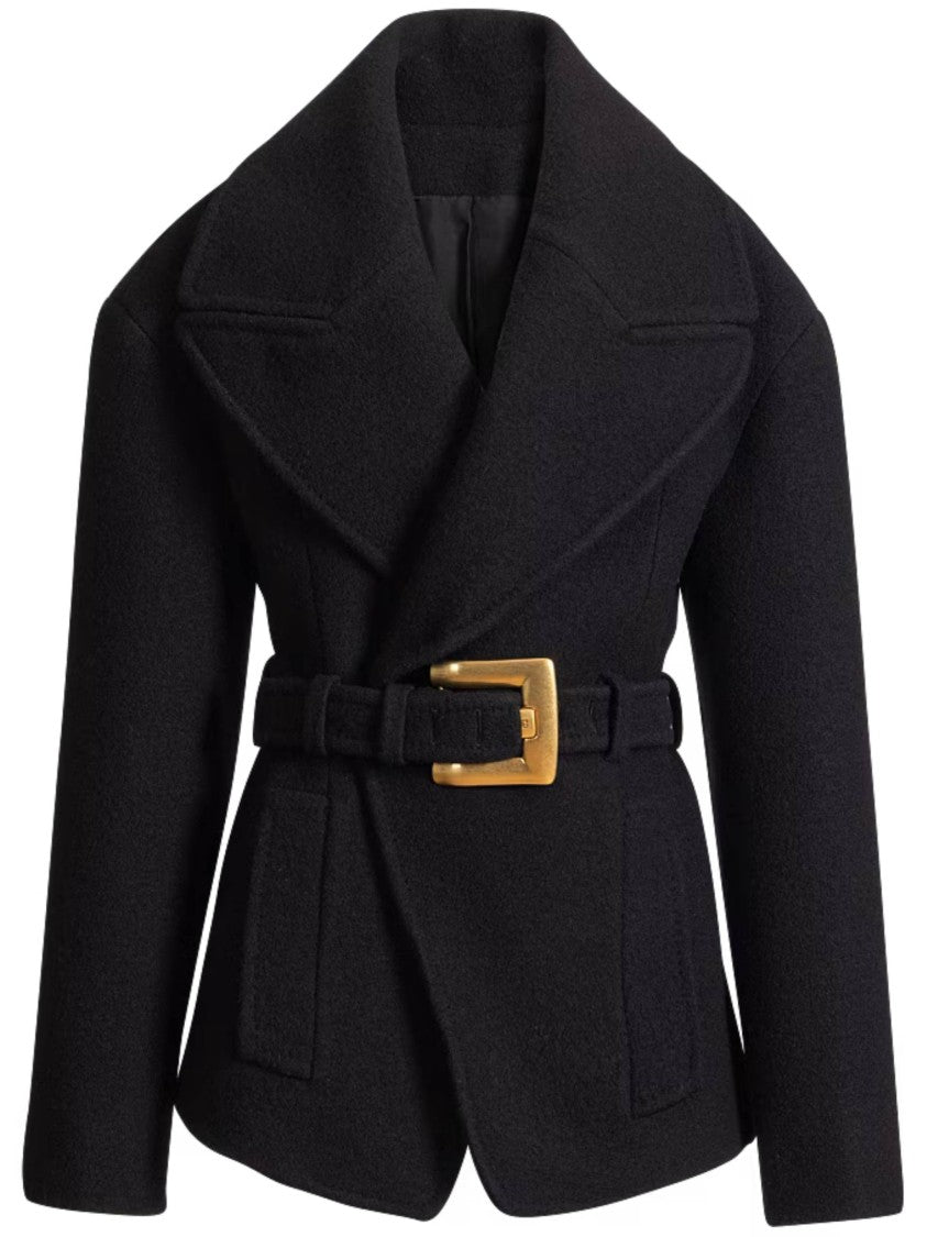 Balmain Black Belted Wool Short Coat