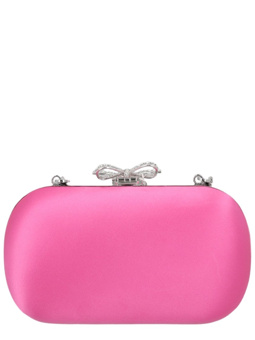 Self-Portrait Oval-Shaped Satin Finish Clutch With Crystal-Embellished Bow Clasp