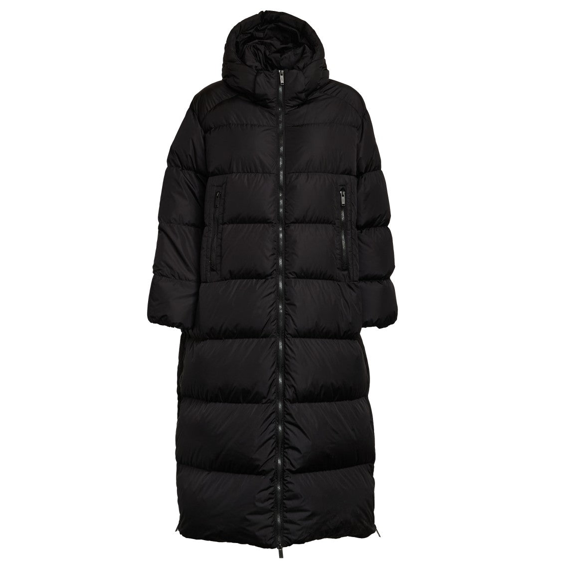 Add Long Padded Coat With Detachable Hood And Side Slits