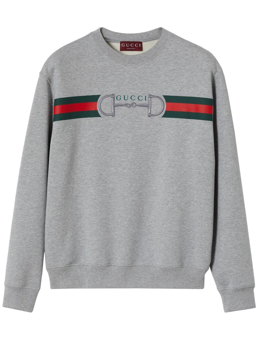 Gucci Grey Horizontal Stripe Horsebit Crew Neck Sweatshirt