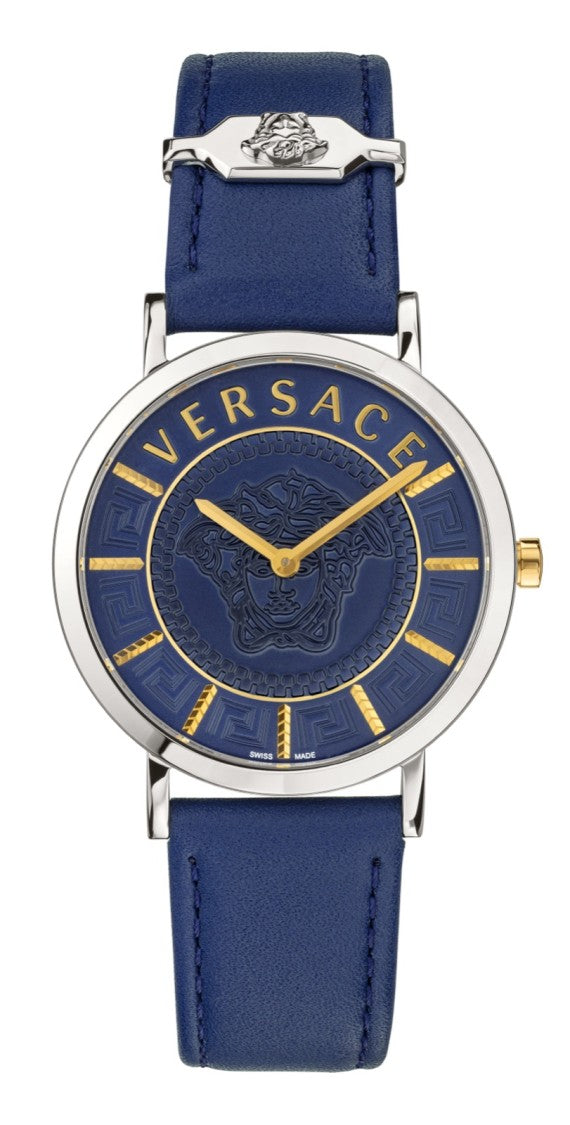 Versace Versace V-Essential Quartz Watch With Blue Dial And Leather Strap