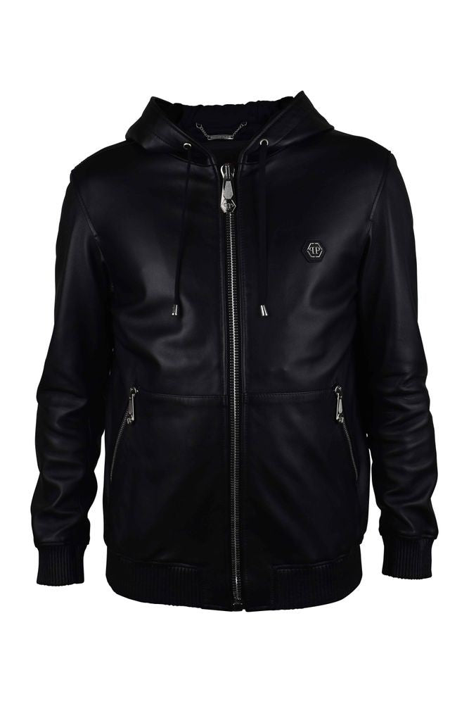 Philipp Plein Smooth Black Leather Hooded Jacket