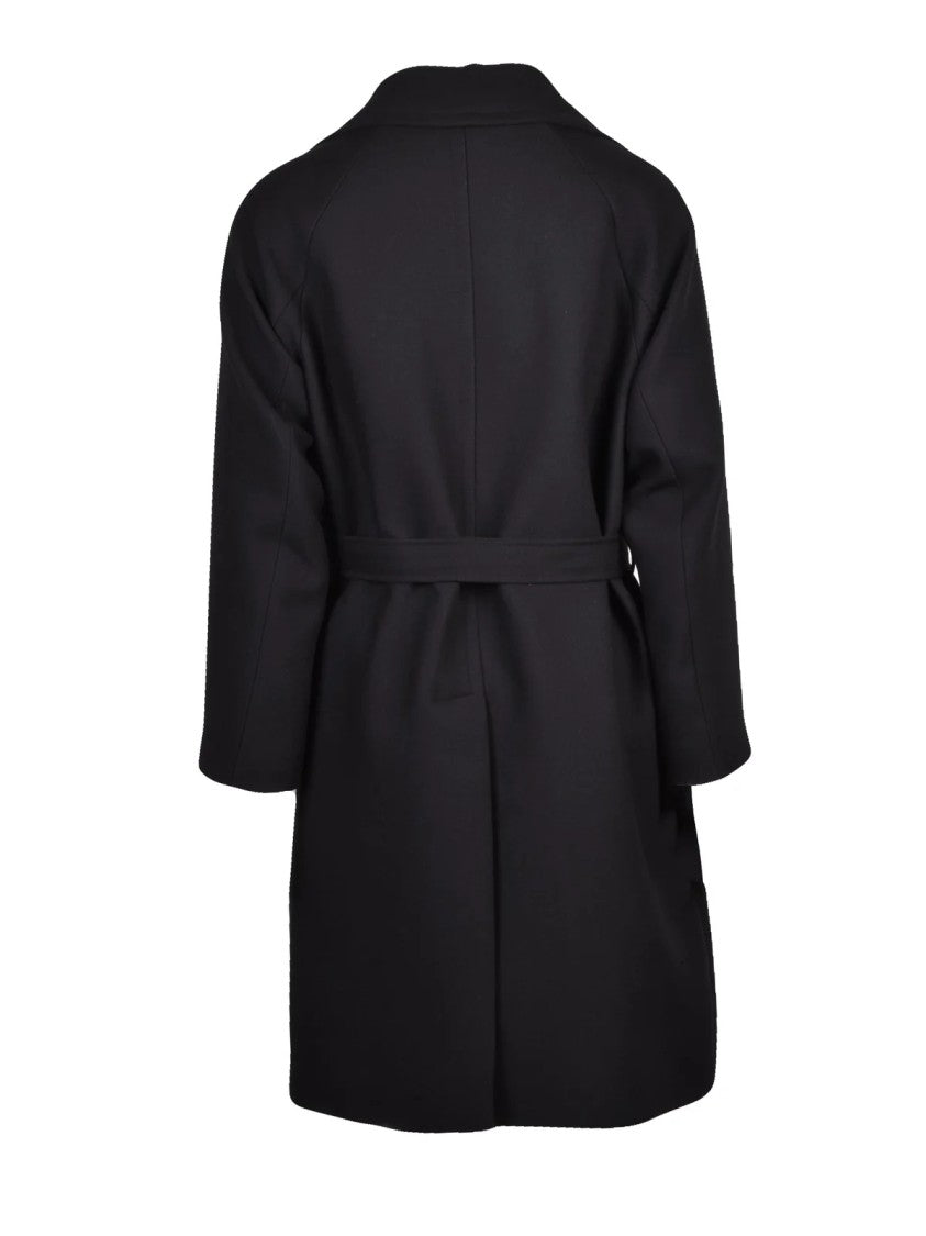Hevo Black Long Double-Breasted Polyester-Blend Coat