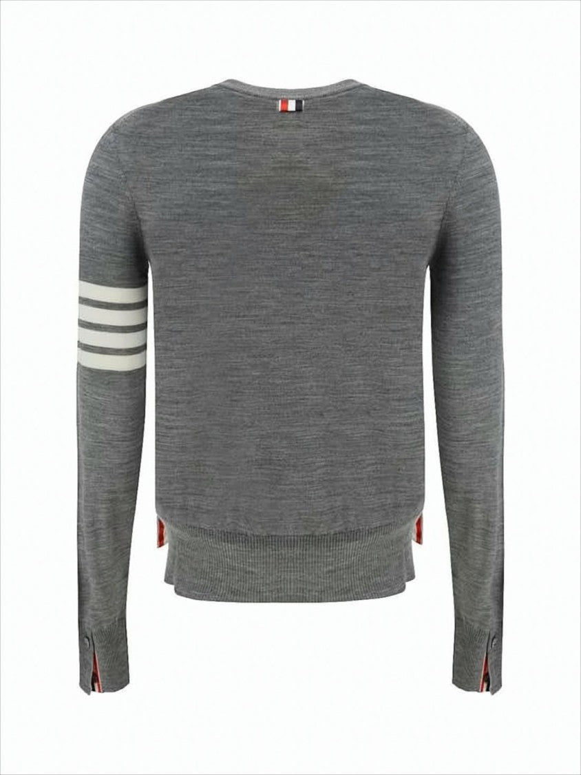 Thom Browne Heathered Grey Knit Sweater With Tricolor Tab And Striped Detail