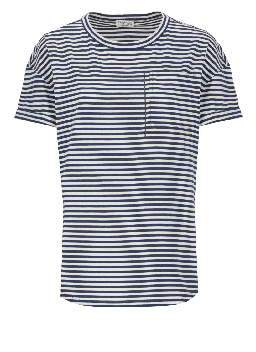 Brunello Cucinelli Blue Contrasting Striped Cotton T-Shir