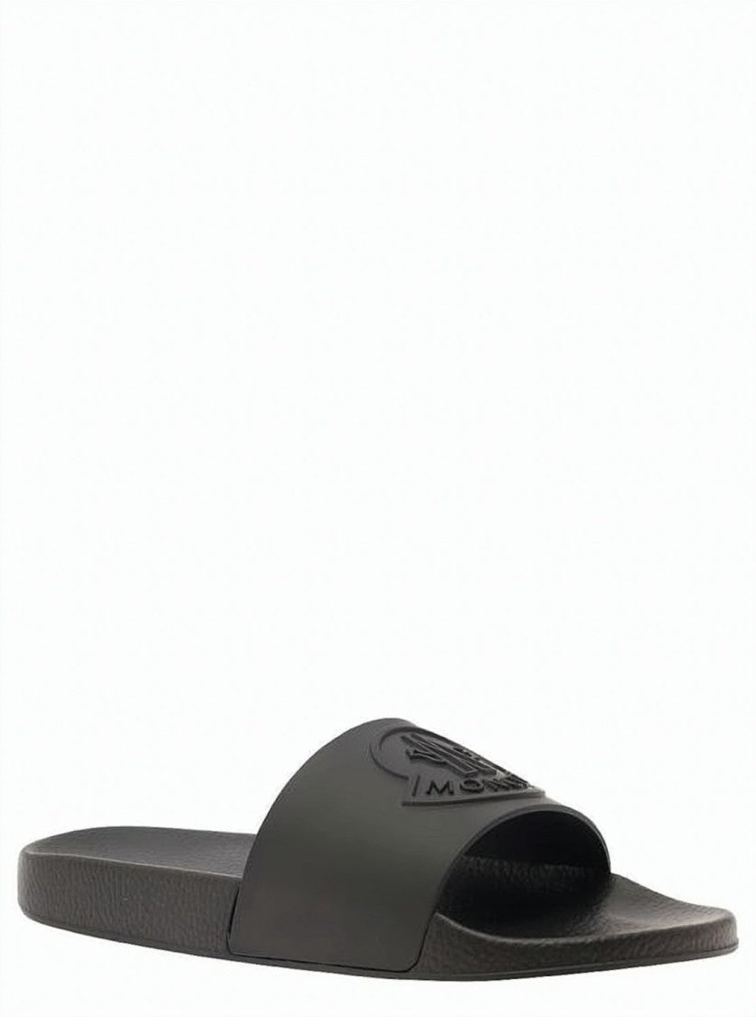 Moncler Black Rubber Slide Sandal With Raised Emblem Detail