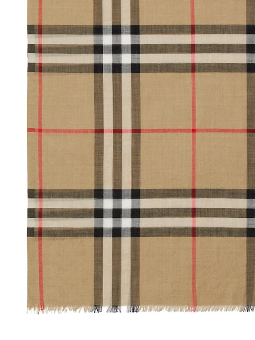 Burberry Check Pattern Beige-Red Wool-Silk Scarf
