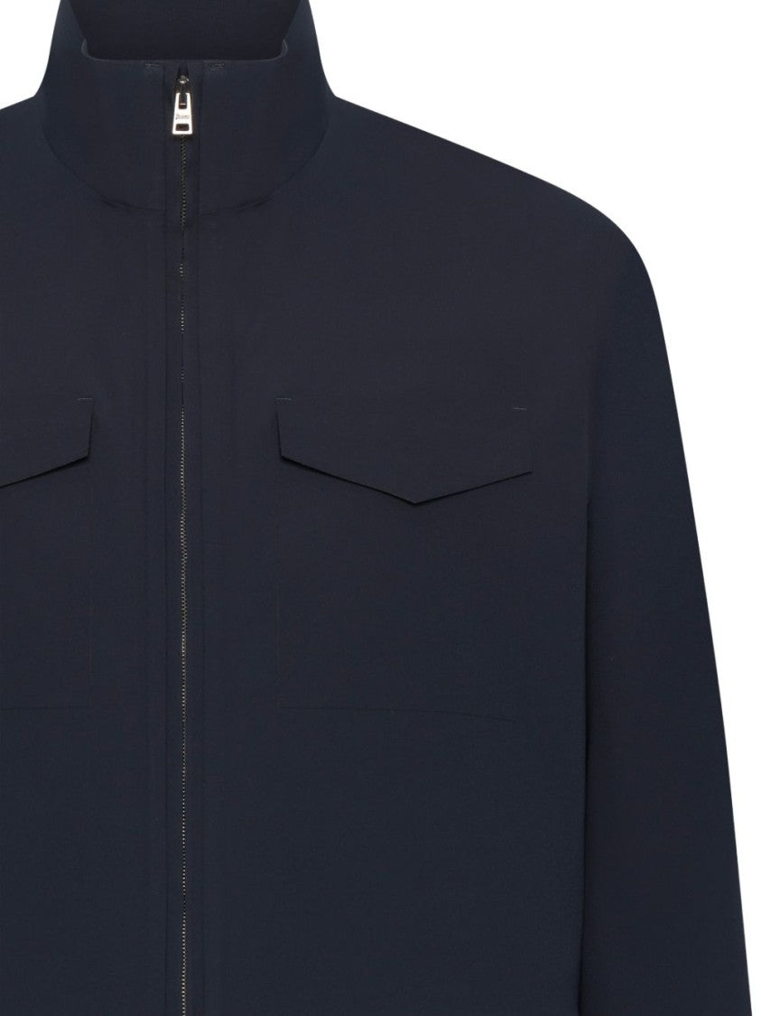 Herno Navy Blue Four-Pocket Zipped Stand Jacket
