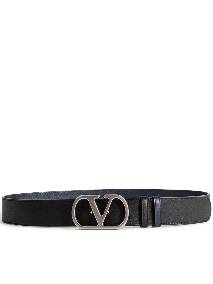 Valentino Black/Navy Reversible Silver-Tone Logo Buckle Belt
